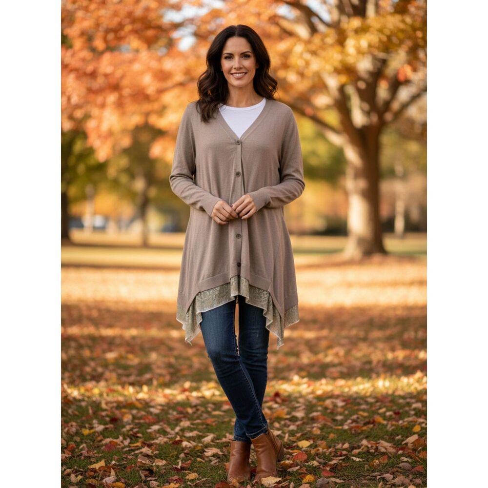 Logo by Lori Goldstein Brown Asymmetrical Button Front Sweater - Medium
